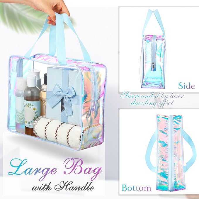Sweetude 6 Pcs Large Clear Toiletry Bag with Handle Large Capacity Travel Iridescent Beach Makeup Bag PVC Clear Plastic Tote Punch Cosmetic Clothes Storage Organizer for Women Men (Blue) - Image 4
