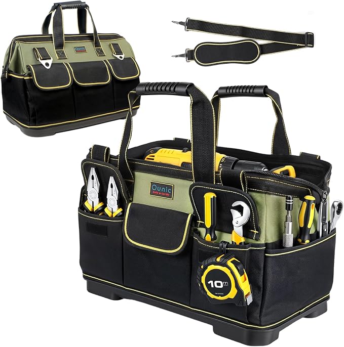 Tool Bag, Ounic 20 Inch Large Tool Tote Bag Heavy Duty With Waterproof Molded Base, Wide Mouth Tool Box Organizer with Adjustable Shoulder Strap for Electrician Mechanic Craftsman Plumbers(Green) by Ounic