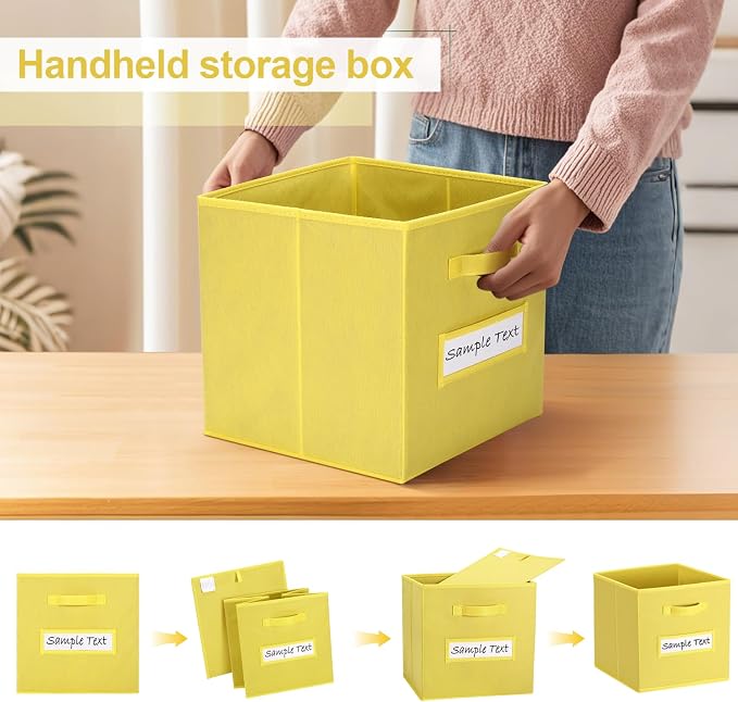 Fabric storage cubes (8 Pack) 13 Inch Cube Storage Bin, cube organizer bins with 8 Labels Window Cards & a Pen, Foldable cube organizer bins and Storage Box, Dark Yellow - Image 4