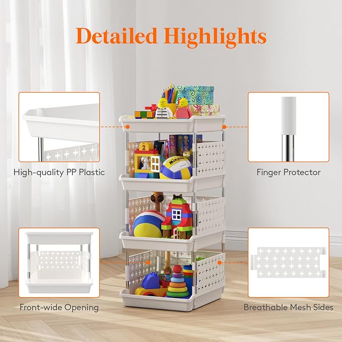 Lifewit Plastic Stackable Storage Baskets, 4 Tier Stacking Bins for Food and Clothes, Multifunctional Organizer for RV, Kitchen, Playroom, Pantry, White, 35 x 30 x 72 cm/14 x 12 x 28 inch, 2 Pack - Image 7
