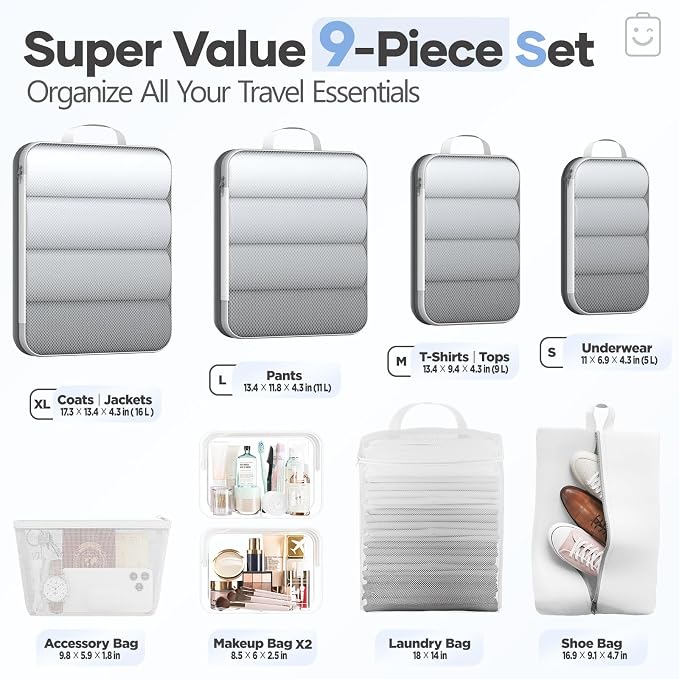 Veken 9/11 Set Compression Packing Cubes Garment Bags for Travel Essentials,Compressible Expandable Luggage Organizer Bags for Clothing,Space Saver Bags with Over 1000 pcs of Mesh Holes(White) - Image 2