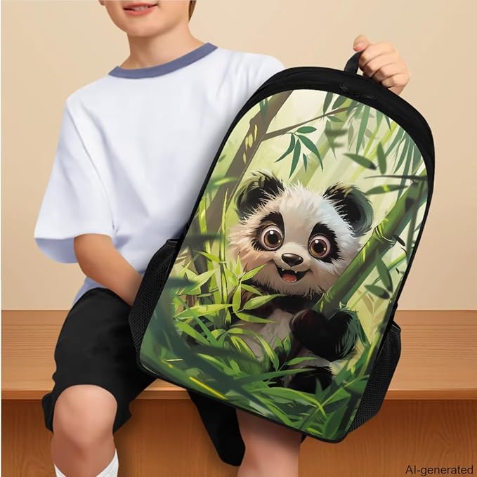 Panda Backpack for Girls Boys Backpack with Lunch Box Water Bottle Pouch and Kawaii Pencil Case 4PCS Set Cute Bookbag with Compartments for School 17 inch Large Sturdy School Bag for Kids - Image 3