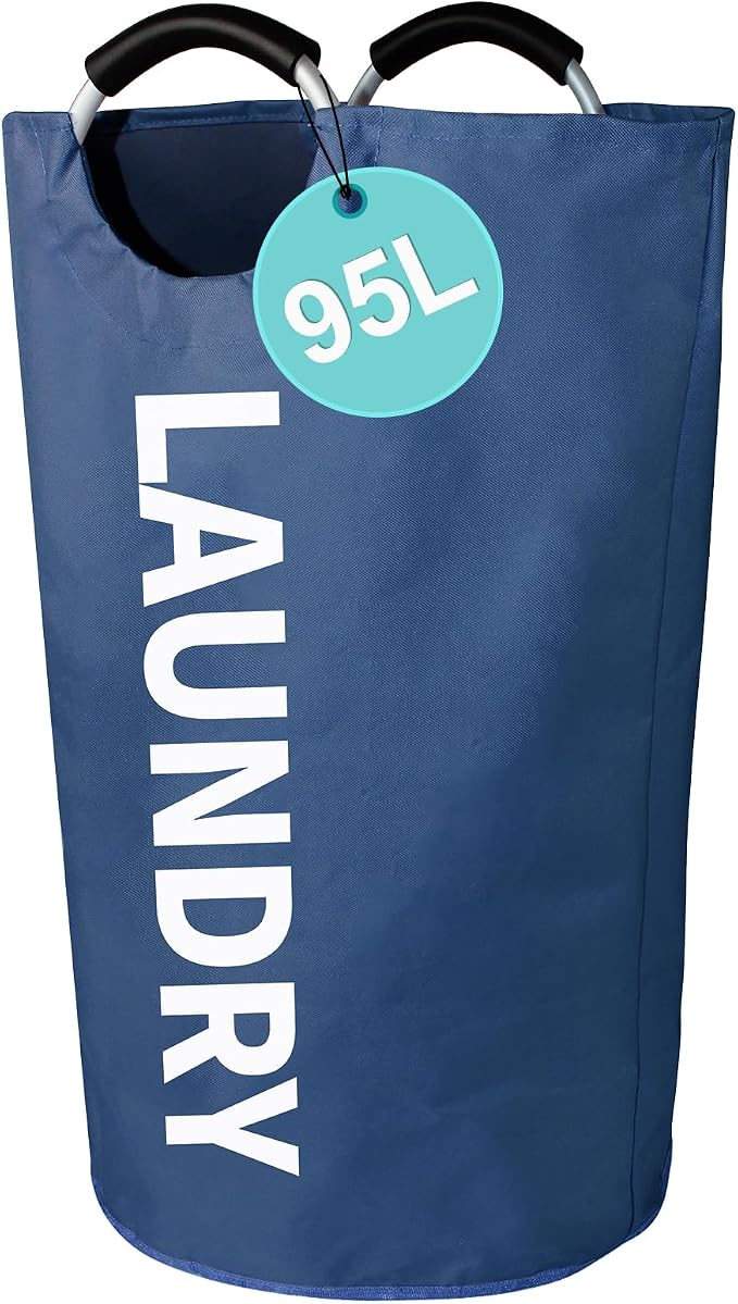 WOOHA 95L Large laundry basket,Collapsible laundry hamper, Tall Clothes Baskets Folding Washing Bin Foldable Fabric Hamper Bags for Bedroom, Closet,Bathroom,College,laundry bag,navy blue by WOOHA