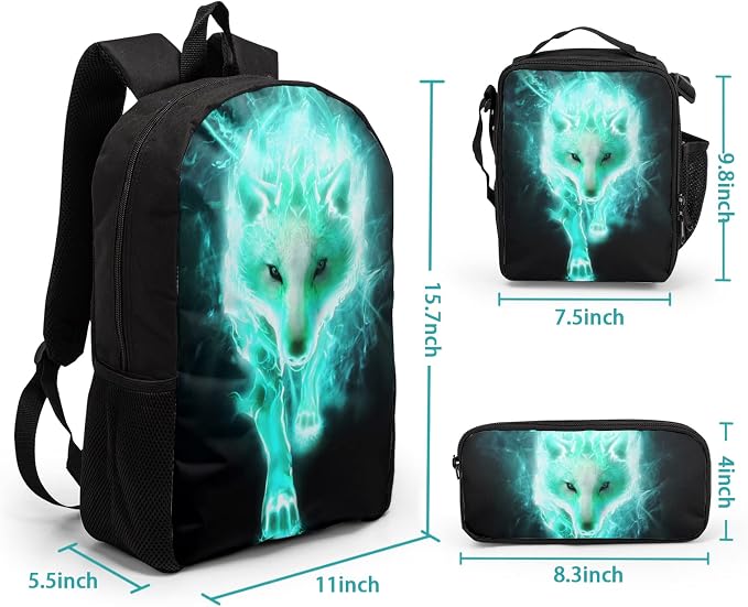 Giwawa Cyan Wolf Backpack 3-Piece Set, Cool Wilderness Animal Pattern Bookbag Lunch Bag Stationery Holder Case for School College Students Daily Essentials Camping Trips Outdoor Travel - Image 4