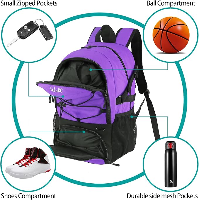 WOLT Basketball Backpack Large Sports Bag with Separate Ball Holder & Shoes Compartment, Best for Basketball, Soccer,Gym - Image 3