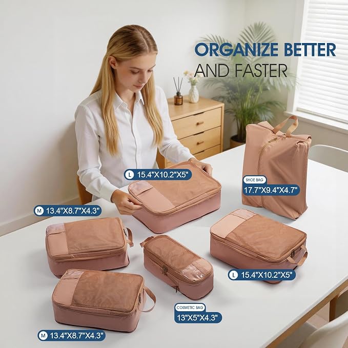 Compression Packing Cubes for Travel - Double Zipper Luggage Organizer Bags for Suitcases (6-Pack, Mocha) - Image 2