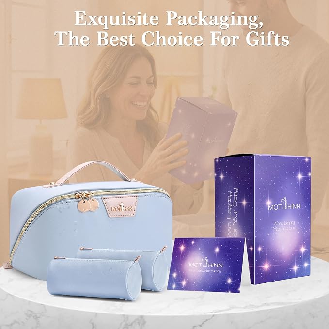 Travel Makeup Bag for Women: 3-in-1 Large Capacity Cosmetics Organizer with 2 Detachable Pouch - Vegan Leather Flat Open Toiletry Bag - Travel Essentials for Full-Sized Bottles(Light Blue) - Image 7