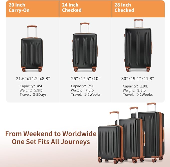 Kono Expandable Luggage 3 Piece Set Hardshell Lightweight 20in 24in 28in Carry On Suitcase with Spinner Wheels TSA Lock(Black & Brown) - Image 6