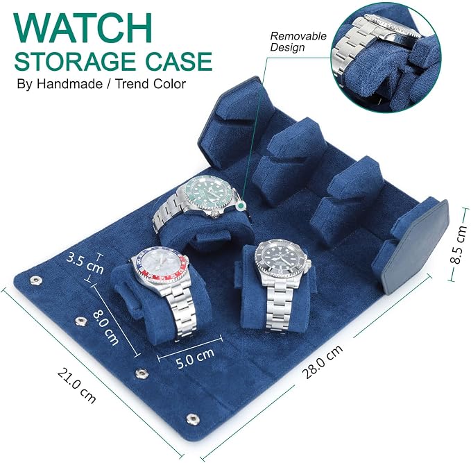 Hiram Genuine Leather Hexagon Watch Roll Travel Case, Leather 3-Watches Roll Case with Removable Pillow Cushion for Treasured Watches and Bracelets -Blue - Image 2
