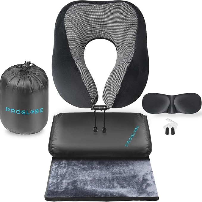 Proglobe Travel Blanket Luxury Travel Set - Ergonomic Airplane Neck Pillow 100% Pure Memory Foam and Super Soft Fleece Blanket - Premium 3D Sleep Mask & Earplugs - Ultimate 4-in-1 Traveling Kit Black by ProGlobe