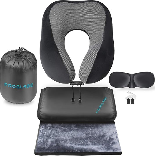 Proglobe Travel Blanket Luxury Travel Set - Ergonomic Airplane Neck Pillow 100% Pure Memory Foam and Super Soft Fleece Blanket - Premium 3D Sleep Mask & Earplugs - Ultimate 4-in-1 Traveling Kit Black by ProGlobe