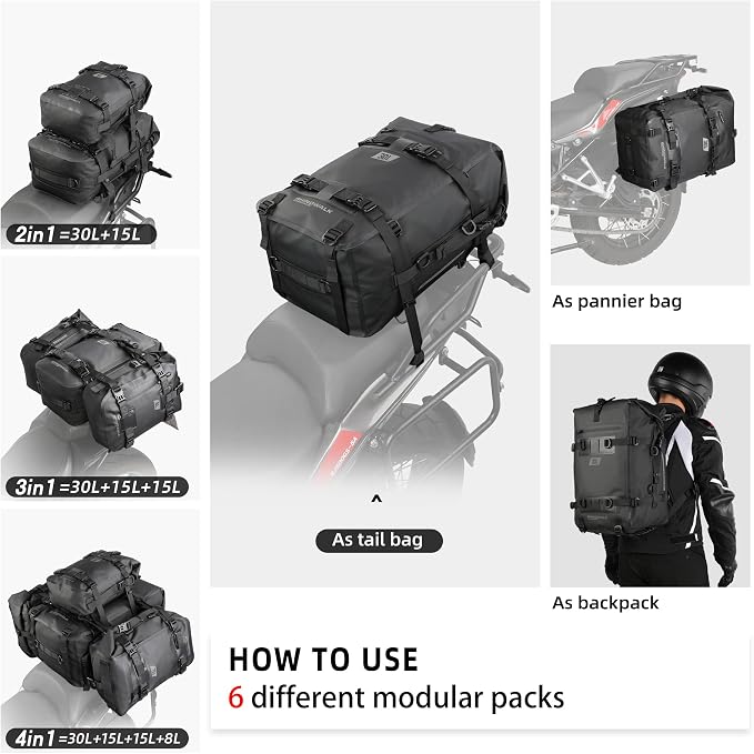 Rhinowalk Motorcycle Tail Bag, Travel Luggage Bags, Waterproof Rear Carrier, Motorcycle Rear Seat Bag Backpack, Rear Rack Trunk - Black 30L - Image 4
