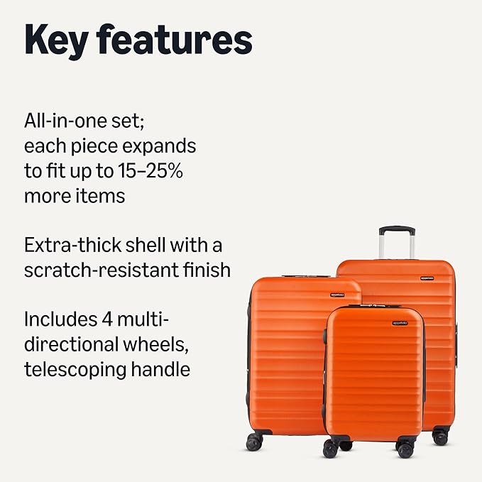 Amazon Basics 3-Piece Hardshell Spinner Luggage Set (21", 26", 30"), Expandable, Scratch-Resistant Surface, Four Multi-directional Wheels, Orange - Image 2