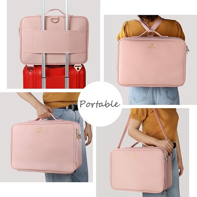 Relavel Makeup Case Large Makeup Bag Professional Train Case 16.5 inches Travel Cosmetic Organizer Brush Holder Waterproof Makeup Artist Storage Box, 3 Layer Large with Adjustable Strap (Pink) - Image 5
