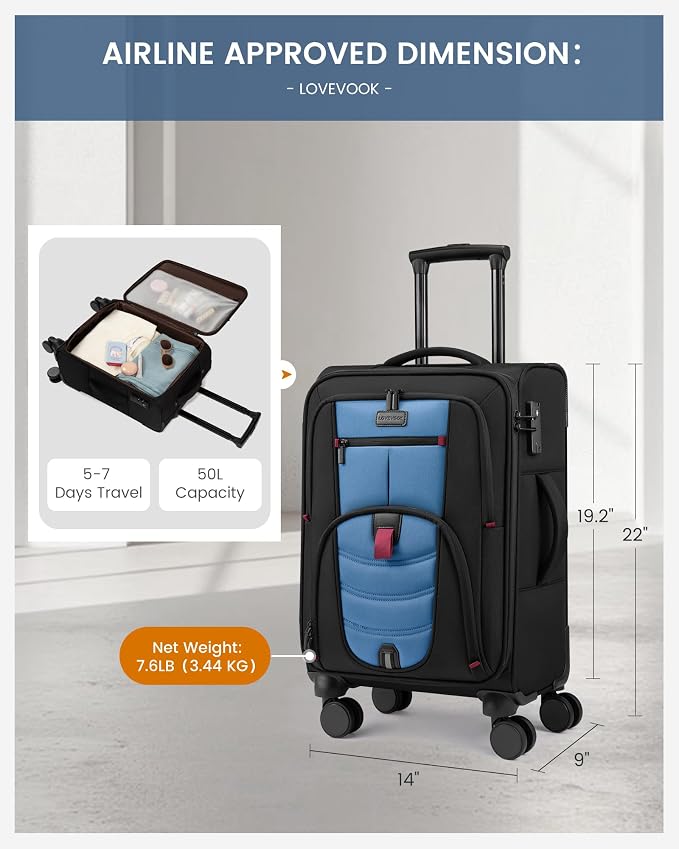 Carry On Luggage 22x14x9 Airline Approved, 22-Inch Suitcases with Spinner Wheels, Softside Carry-on Luggage with TSA Lock for Men Women Business Trip, Lightweight Large Capacity Luggage for Travel - Image 4