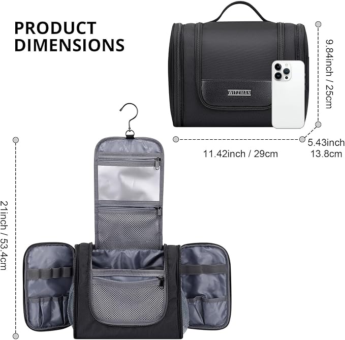 WITZMAN Toiletry Bag for Men Nylon Hanging Water-resistant Shaving Dopp Kit | With Dry-wet Separation Pocket, Multi-pockets for Organized Storage, Lightweight, For Travel, Bathroom, B690 Black - Image 6