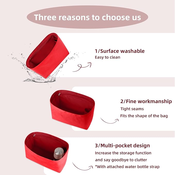 Lightweight Bag Insert for Artois MM, Side Zipper, Red | Bottle Holder and Side Zip, Smooth Satin Interior, Easy-Care Outer Surface, Multiple Color Options, Structured Yet Flexible - Image 4