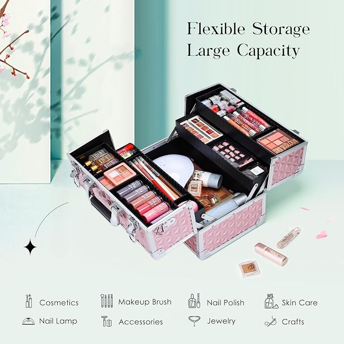 Joligrace Makeup Train Case Professional Cosmetic Organizer Aluminum Storage Box with 4 Adjustable Dividers Trays Lockable Portable with Shoulder Strap - Image 2