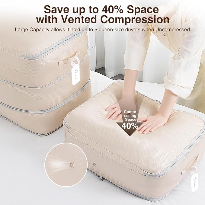 Homsorout 4 Pack Compression Storage Bags - 110L Large Capacity Comforter Storage Bag, 3-Layer Washable Ultra Space Saving Self Compression Organizer Space Bags for Blankets, Sweaters, Sheets, Beige - Image 3