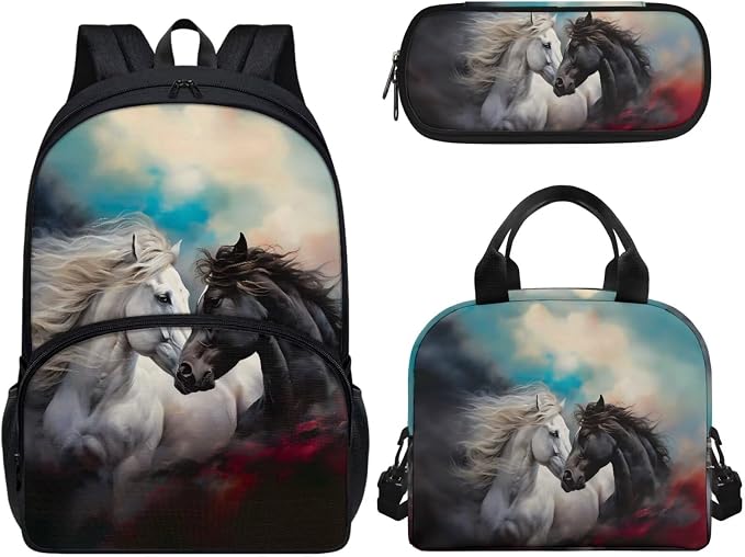 Elementary School Bags Cool Horse Backpack Kids School Bookbags with Insulated Lunch Tote Pencil Pouch 3 Pieces Set Back to School Backpack Schoolbag Set for Kids by Wideasale