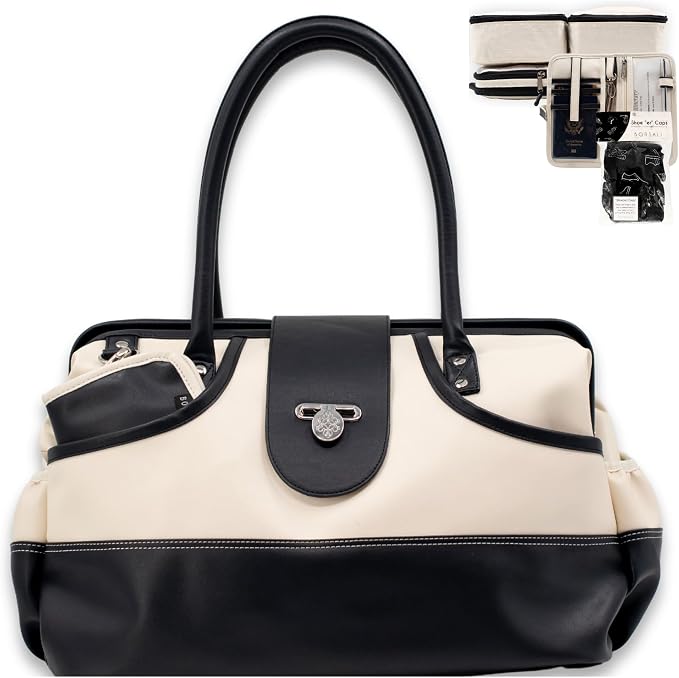 BORSALI Duffel Bag for Women, Vegan Leather Travel Set, RFID Wallet, Cream | Travel Carry On Duffel, Vegan Leather Personal Item, RFID- Blocking Travel Wallet Included, Packing Cubes & Shoe Covers by Borsali