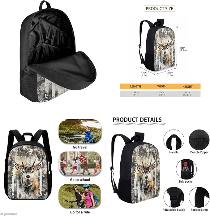 GIFTPUZZ Deer American Flag Backpack 17 Inch Set Boys | Camo 4-in-1 Lunch Box Set, Water Bottle Holder, 3rd Grade Elementary School, Ages 8-10 - Image 5