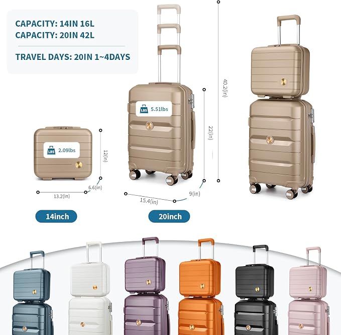Somago 20" Carry On Luggage and 14" Mini Cosmetic Cases Travel Set Spinner Lightweight Polypropylene Suitcase with TSA Lock YKK Zipper Hardside Luggage Sets 2 Piece (Noble Golden, 2-Piece Set (14/20)) - Image 3