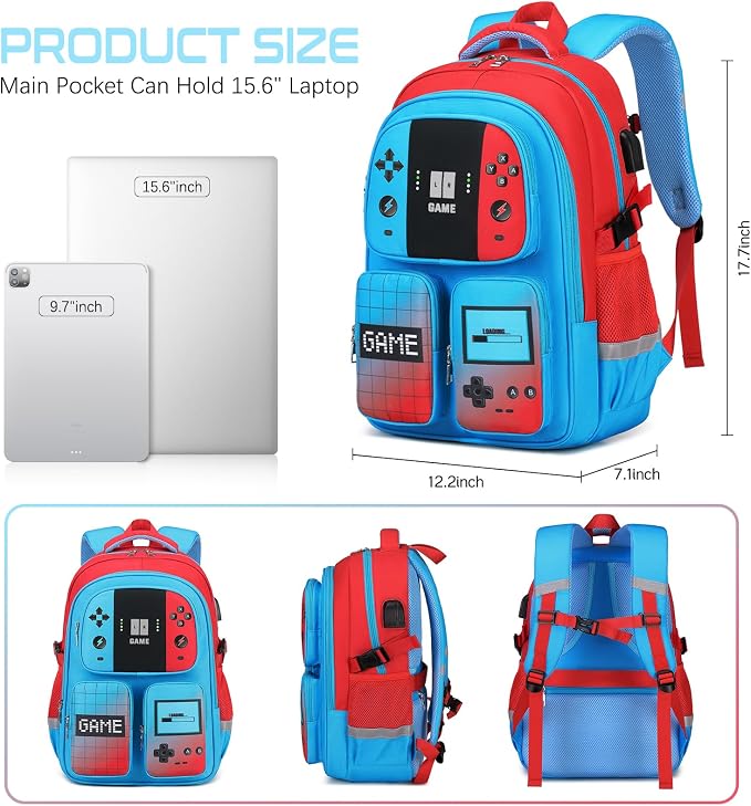 Gamer Backpack for Boys , 3PCS Boys Backpack with Lunch Box & Pencil Pouch, Waterproof School Bags for Boy Kids Children Teens, Elementary Middle School, Kids Book Bag Casual Daypack (Red Blue) - Image 2