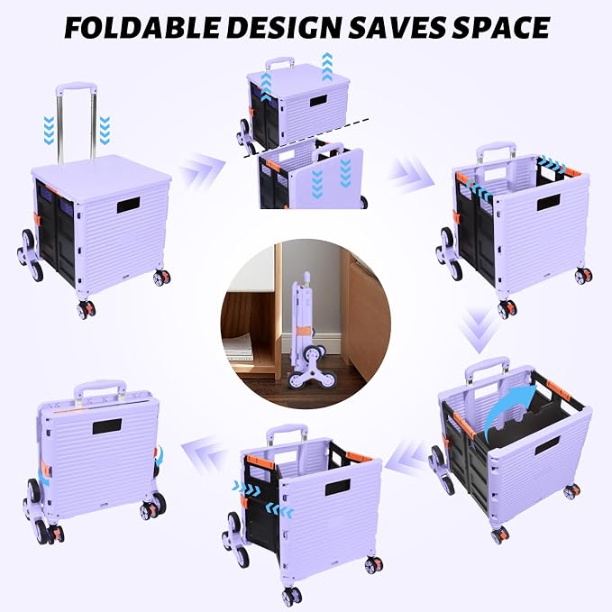 FELICON SELORSS Folding Utility Climber Cart Portable Rolling Crate-Purple | Stair Climbing Wheels+360°Swivel Wheels,Telescoping Handle,Plastic Box Dolly for Travel Shop Move Laundry Office Teacher Use - Image 4