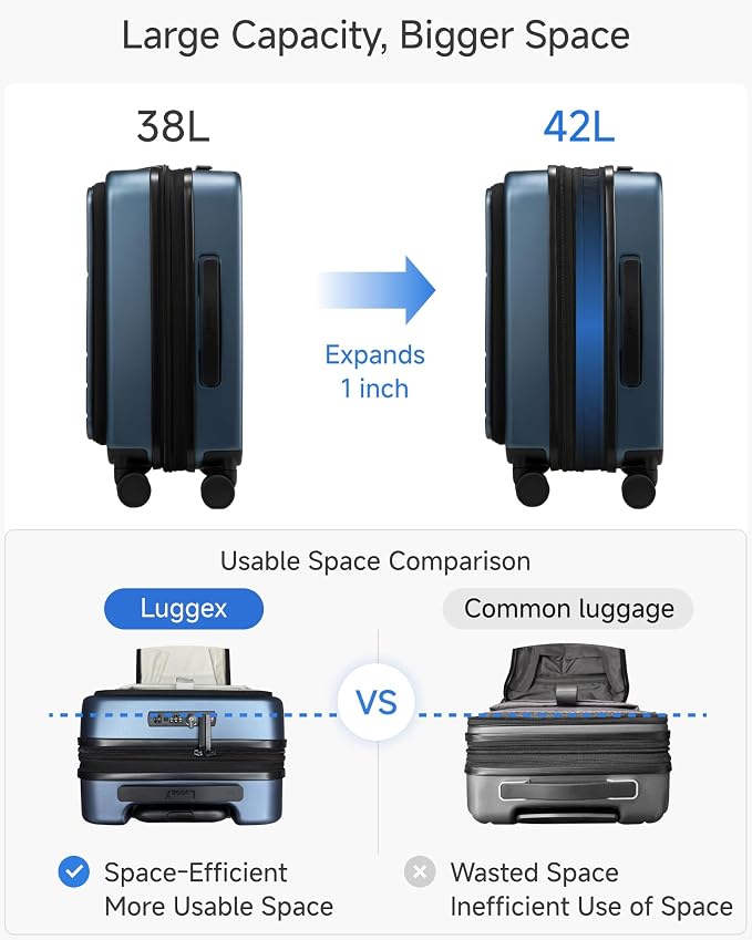 LUGGEX Carry On Luggage 22x14x9 Airline Approved, Expandable Polycarbonate Suitcase with Front Pocket (FX-Core, Blue, 20 Inch) - Image 4