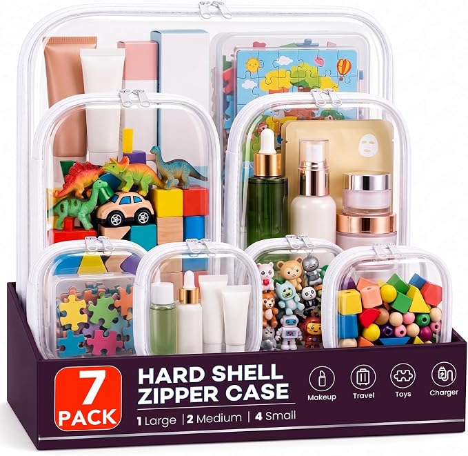 7 Pack Clear Hard Shell Zipper Case, Crush-Proof Diaper Organizer Pouches | Plastic Hard Sided Zippers Pouches, Toiletry Pouch, Waterproof Travel Cosmetic Bag, Toy Storage Bins, (1L, 2M, 4S) by Sctoarielt
