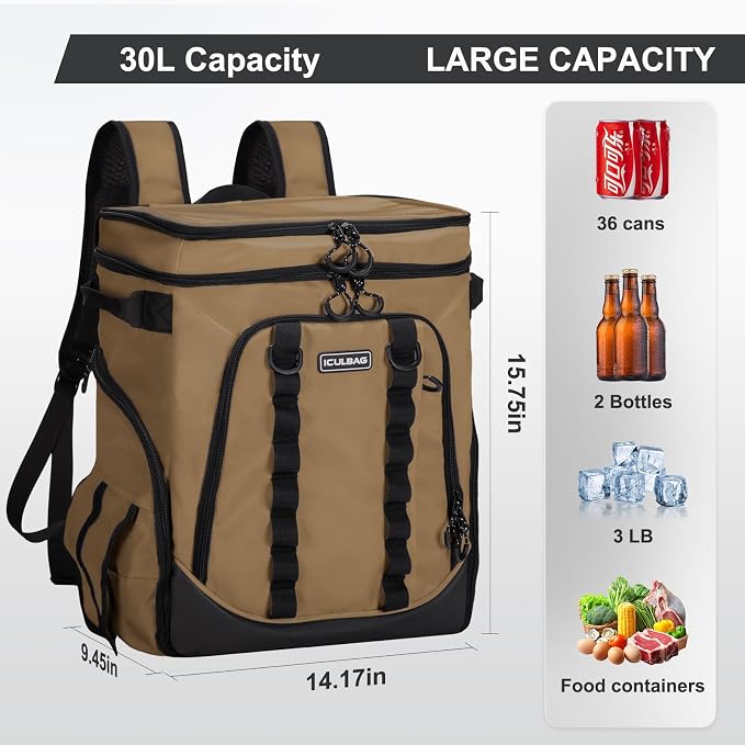 Beach Cooler Backpack for Men 36cans Insulated Backpack Cooler Lunch Bag for Women Camping Hiking Picnic Travel for 18 Hours Cooling 30L - Image 2