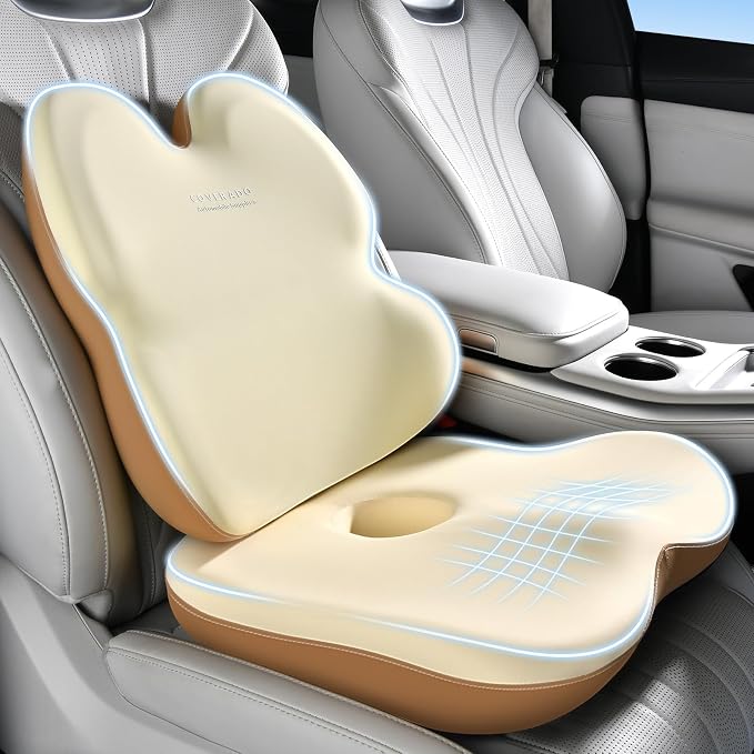 Coverado Lumbar Support Pillow and Seat Cushions for Office Chairs, Memory Foam Orthopedic Coccyx Cushion for Tailbone Pain Cushion Pillow & Back Pain Pressure Relief Seat Cushion Coffee&Beige by COVERADOAUTO