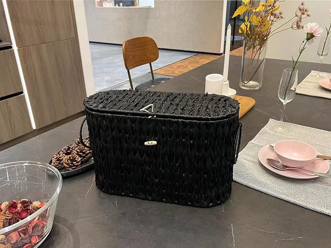 Coeusy Black Toilet Paper Basket with Lid,Wicker Toilet Paper Storage Stand,Large Narrow Bathroom Towel Basket Mega Roll Container Bin for Toilet Tank,Floor - Image 7