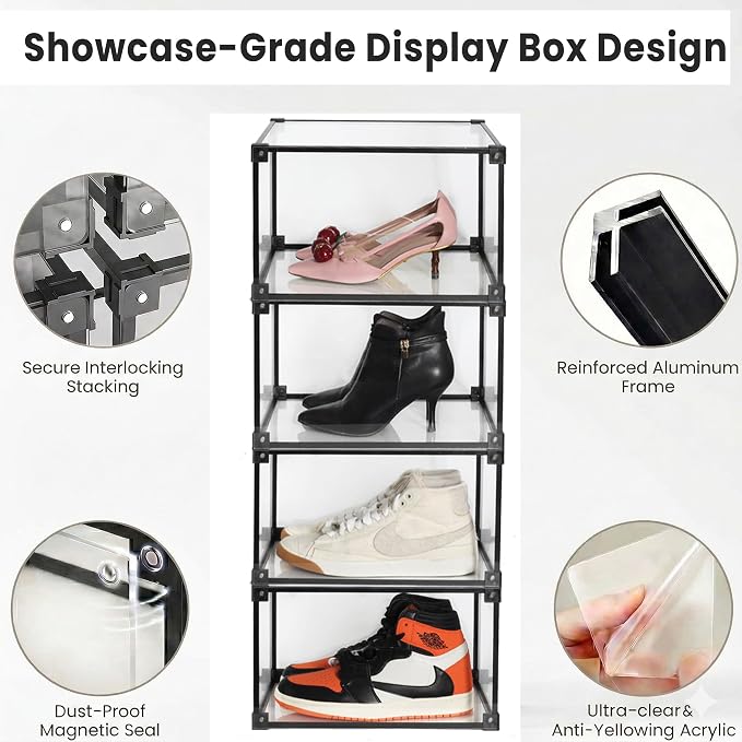 Transparent Plastic Storage Clear Shoe Display Case Box Organizer - Magnetic Side Open, 16PC (Black) - Image 3