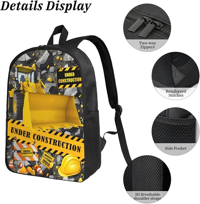 Construction Machines Cars Kid Backpack Set with Lunch Bag & Pencil Case Large Capacity School Bag 17 Inch Bookbag for Boy Girl - Image 5