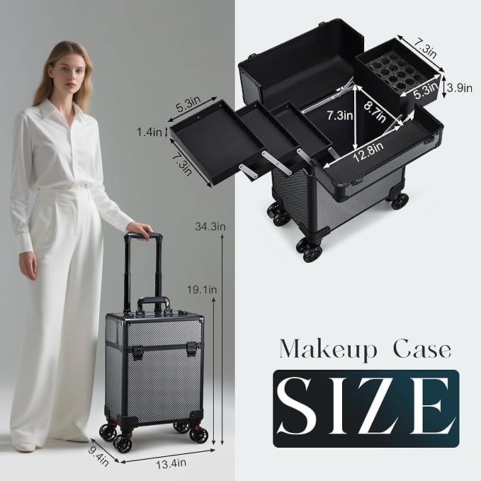 Rolling Makeup Case, Cosmetology Case on Wheels Professional Vanity Case with Trays for Women Large Travel Makeup Box Organizer Trolley with Key, Ashy Grey - Image 6