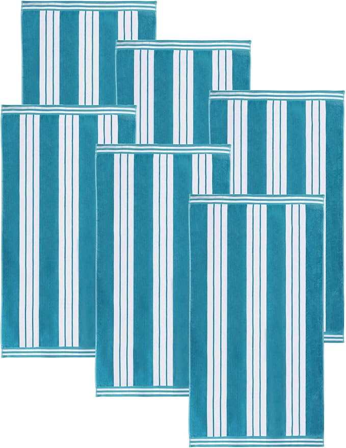 Superior Oversized Cotton Beach Towel Set of 6, Absorbent Towels for Bathroom, Pool, Swim, Adults, Kids, Vacation, Travel, Bath, Quick Dry Basics, Trip Essentials, Striped Decor, Turquoise - Image 2
