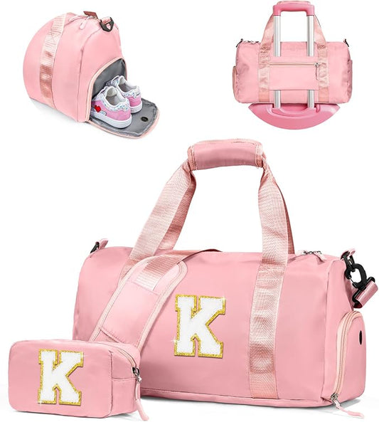Girls Cheer Up Gifts-Girl Gym Bag with Shoe Compartment, Kid Personalized Weekender Overnight Bags, Initial Travel Tote with Makeup Pouch, Graduation Gift for Niece Kids Daughter (Letter K) by Vogewood