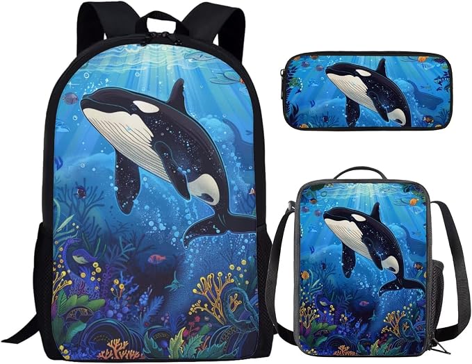 17 Inch Animal Print School Backpack And Lunch Box Set for Kids Lightweight Undersea Killer Whale Orca Backpack for Boys Girl School Bag with Insulated Lunchbox Pencil Case Student Bookbag by Parprinty
