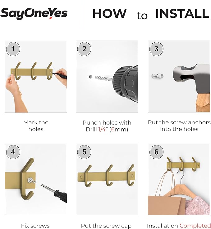 Brushed Gold Small Coat Rack Wall Mount – 9 Inch Stainless Steel Rail with 3 Double Coat Hooks for Entryway, Bathroom, Bedroom, Kitchen – Modern Gold Hook Rack for Coats, Hats, Towels - Image 7