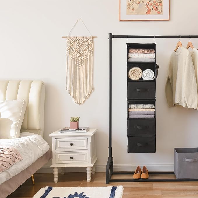 GRANNY SAYS 6-Shelf Hanging Closet Organizers and Storage, Separable to 2 Pack 3-Shelf Closet Hanging Organizer with 3 Drawers, 4 Side Pockets Hanging Shelves for Closet, Nursery, Black - Image 4