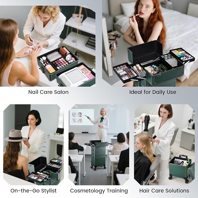 Rolling Makeup Case Makeup Train Case with Lid 5 in 1 Cosmetology Case on Wheels Cosmetic Trolley Organizer Large Makeup Organizers Case Profesional Cosmetic Case for Salon Barber Nail Beauty, Green - Image 6