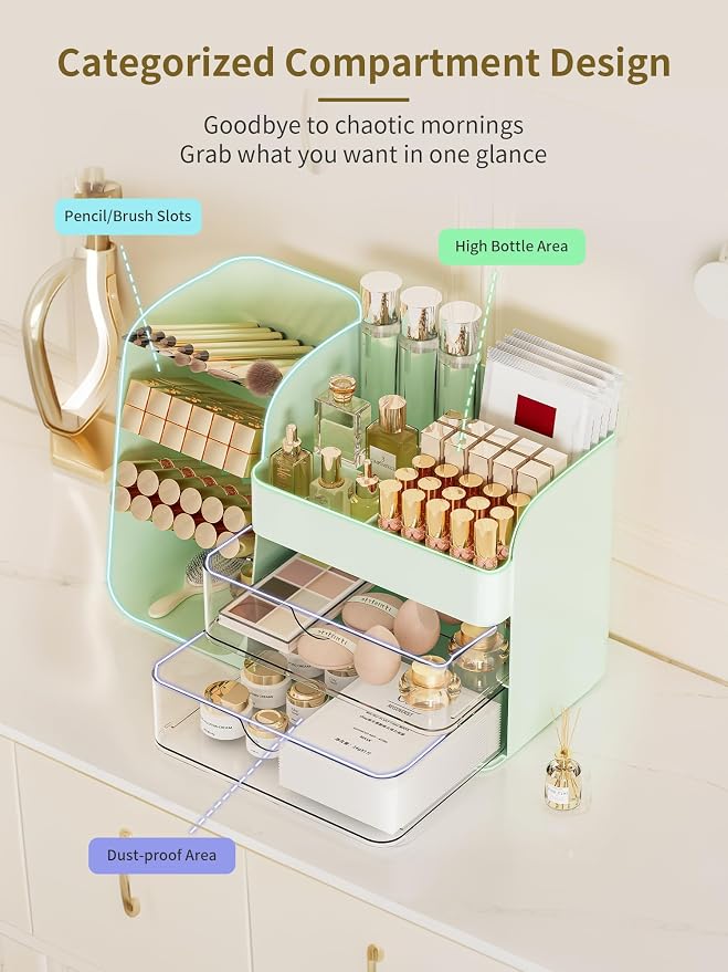 Booklov Small Makeup Organizer for Vanity and Bathroom Countertop, Green | Clear Acrylic Cosmetic Display Case, Beauty Brush Holder for Dresser Counter Skincare Eyeshadow Lipstick Perfume Storage - Image 3