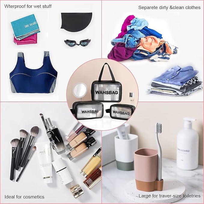 Travel Makeup Pouch Set Toiletry Bag Cosmetic Organizer Bag for Women and Girls Toiletry Storage Kit Set of 3, WASHBAG - BLACK, M, Travel Accessories - Image 7