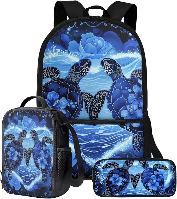 Rose Hibiscus Flower Turtle Print Backpack Set for Student Schoolbag Large Capacity Bookbag Lunch Box Pencil Case 17 Inch Travel Laptop Backpacks Rucksack Casual Daypack by ZIATUBLES