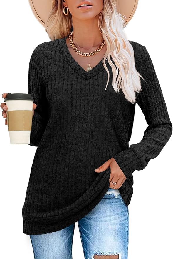 Sampeel V Neck Long Sleeve Shirts for Women Casual Fall Tops Lightweight Tunic Sweaters Fashion Clothes Loose Fit 2025