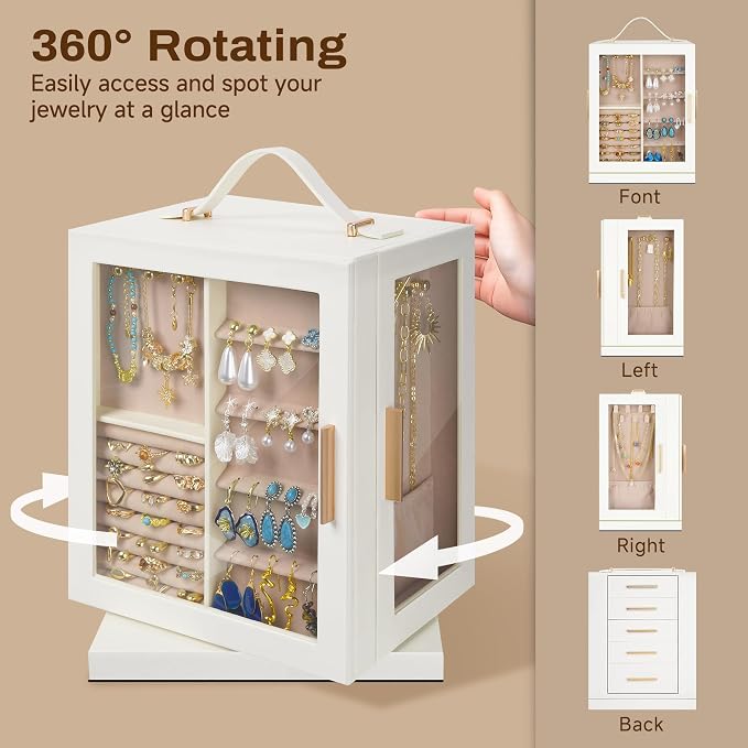 360° Rotating 5‑Drawers Jewelry Box with Top Handle & Glass Window, Spacious Vertical Jewelry Organizer, Jewelry Storage Case, Dustproof & Moisture‑resistant Design. (White) - Image 5