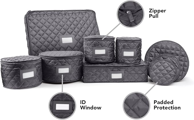 Covermates Keepsakes Dish Storage Set – Padded China & Dinnerware Storage Cases with Dividers, Cup & Stemware Storage, Quilted Polyester Protection, ID Window, Slate - Image 2