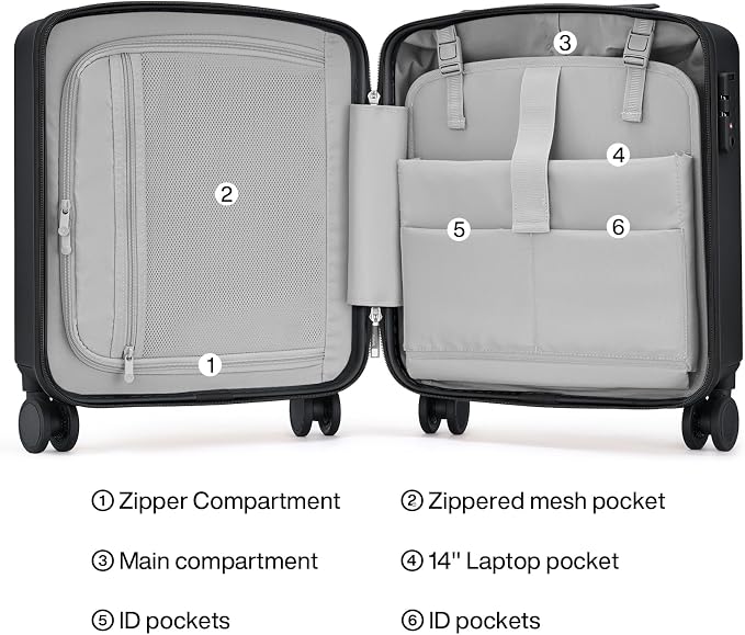 Hanke 16 Inch Underseat Carry On Luggage, Airline-Approved Hard Shell Small Suitcase with Spinner Wheels, Lightweight Tsa Lock Travel Luggage for Short Trips(Jet Black) - Image 6